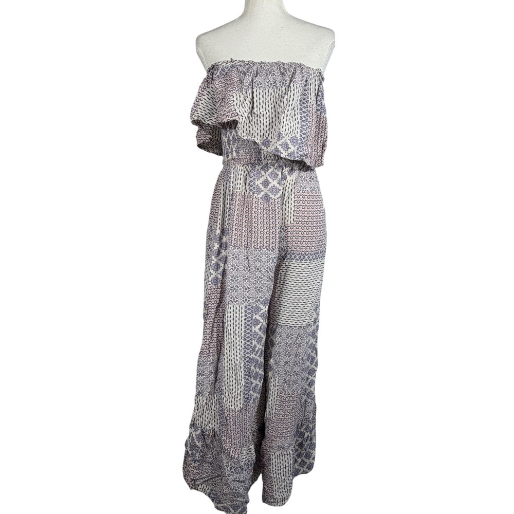 ILLA ILLA Patchwork Jumpsuit Womens L Blue Boho Off Shoulder Wide Leg Rayon - Picture 12 of 13